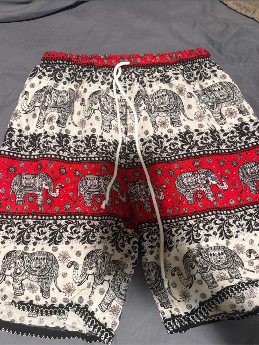 Men's Red & White Elephant Print Athletic Drawstring Shorts